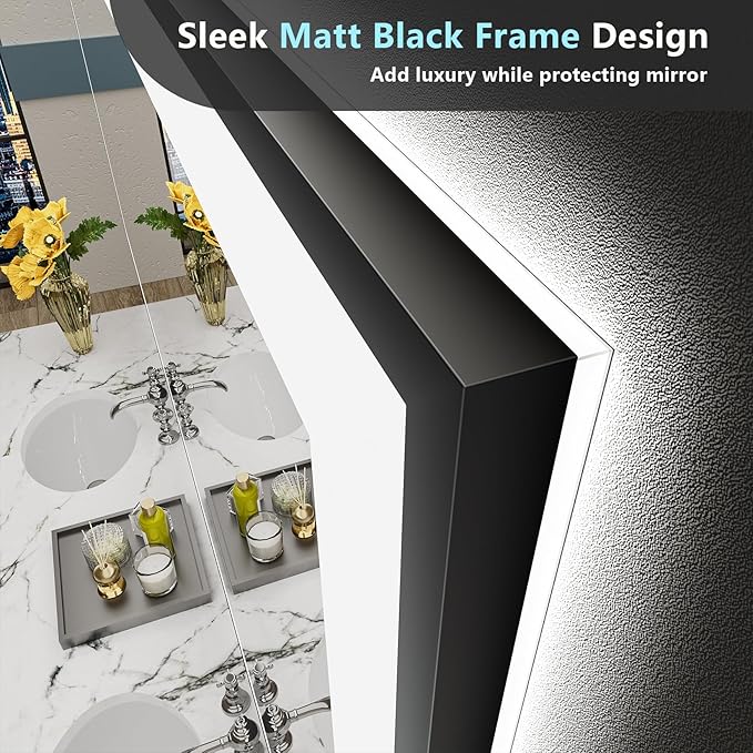 48x32 Black Framed LED Bathroom Mirror - Image 3
