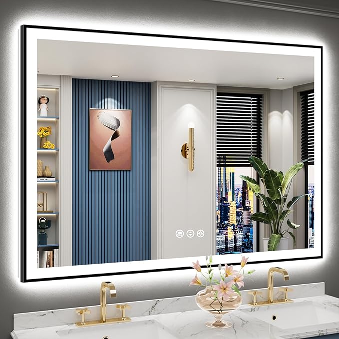 55x40 Black Framed LED Bathroom Mirror by Awandee