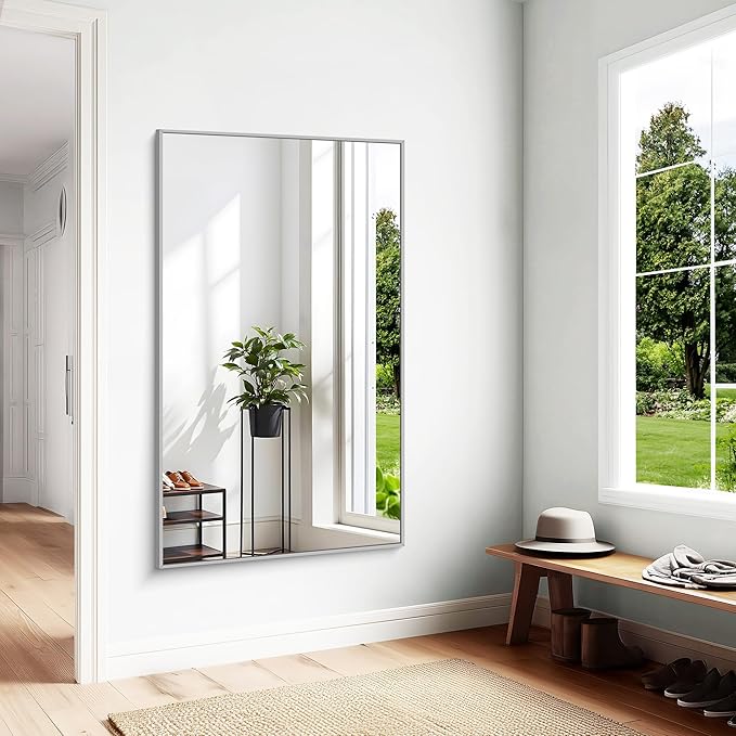 KOCUUY Silver Bathroom Mirror, HD Tempered Glass, Anti-Rust Brushed Silver Frame - Image 4