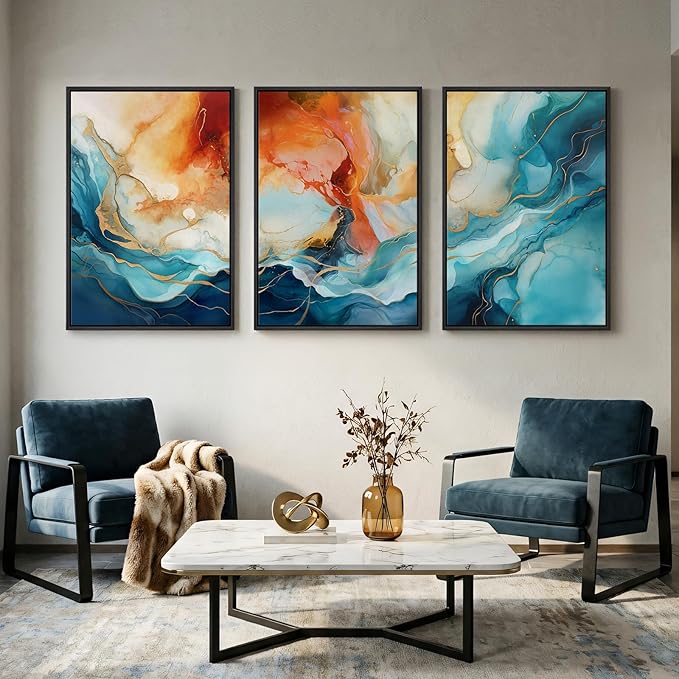 Large Framed Blue and Orange Abstract Wall Art - Image 2