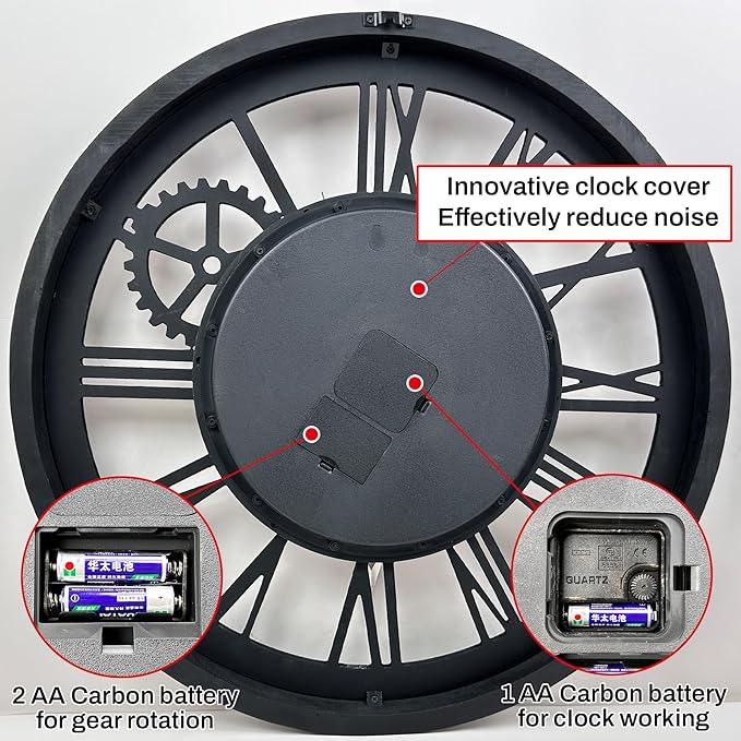 The B-Style Large Wall Clock 24 inch Moving Gear Wall Clock Oversized Vintage - Image 3
