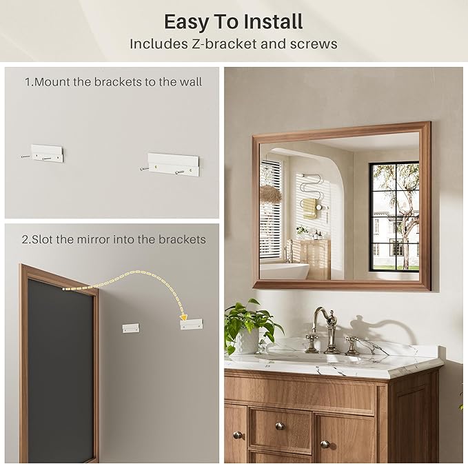 72x32 Inch Bathroom Mirror for Wall, Anti-Rust Walnut Wood Grain Metal Framed - Image 5