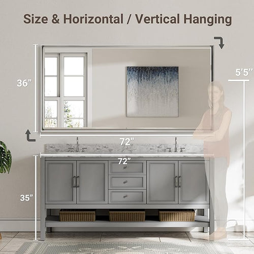 72'' x 36'' Large Beveled Silver Bathroom Vanity Mirror, Shatterproof Rectangle - Image 2