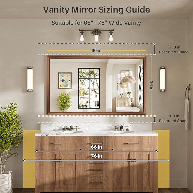 60x36 Inch Bathroom Mirror for Wall, Anti-Rust Walnut Wood Grain Metal Framed - Image 2