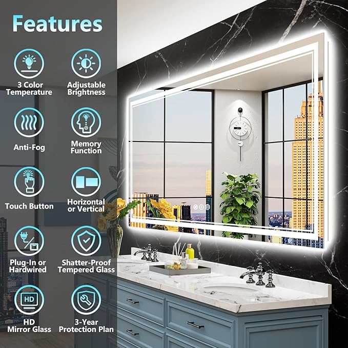 72x36 LED Bathroom Mirror with Lights, Backlit and Front Lit Anti-Fog Lighted - Image 2