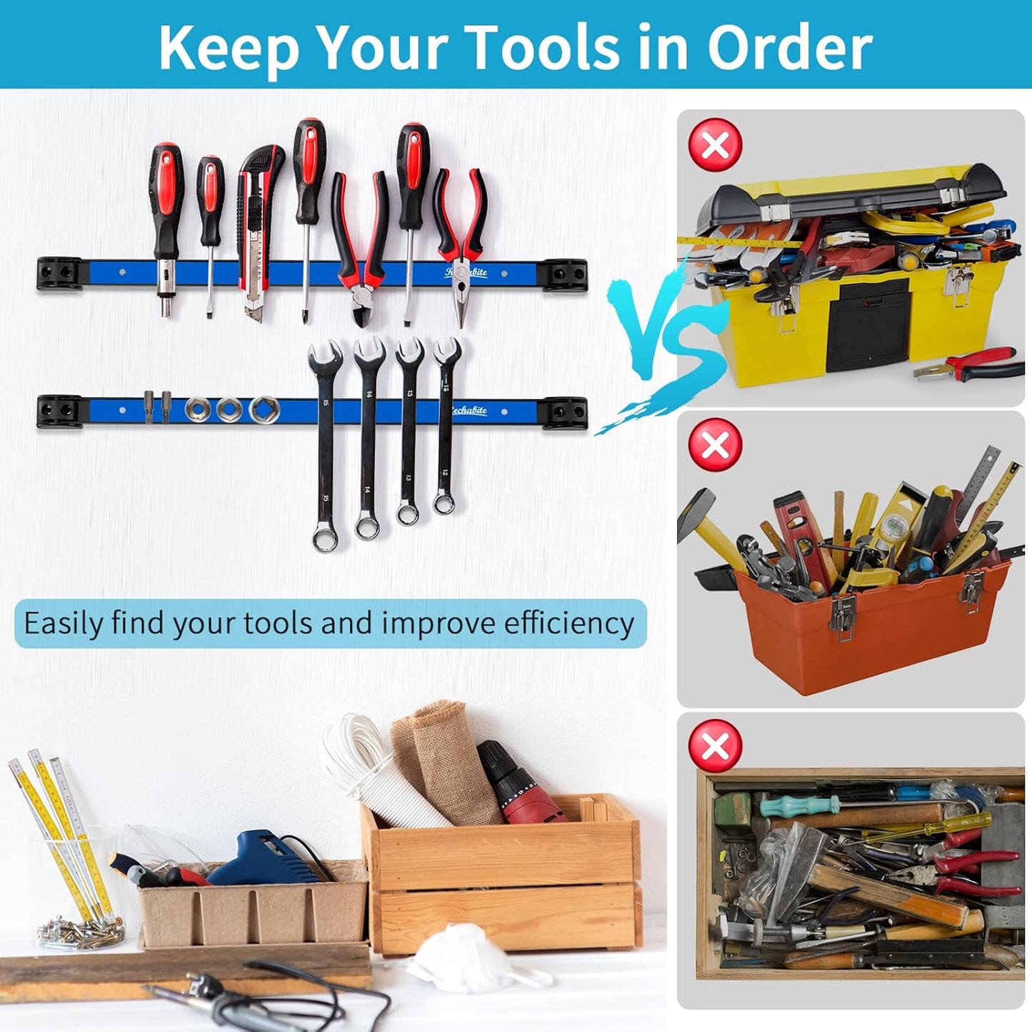 12" 18" 24" Magnetic Tool Holder Strip, Blue Magnet Bar, Metal Tool Organizer Rack for Garage Organization, Easy To Install in Workshop, Mounting Screws Included