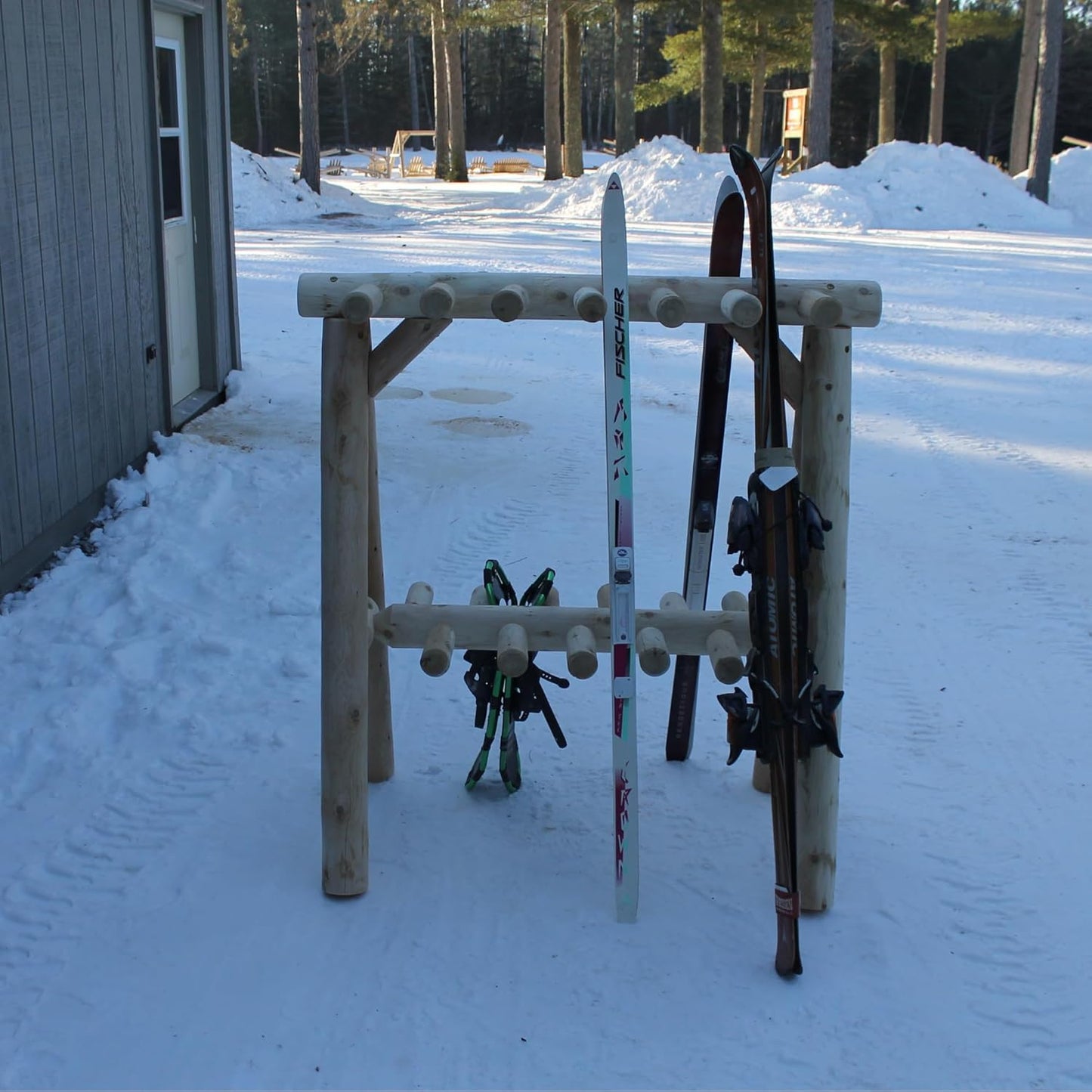 13-Place Freestanding Log Ski Rack Holder, Indoor & Outdoor Snowboard Racks, Standing Storage, Garage Racks for Snow Skis & Poles, Durable Snowboard Rack Garage Storage Organizer - Natural