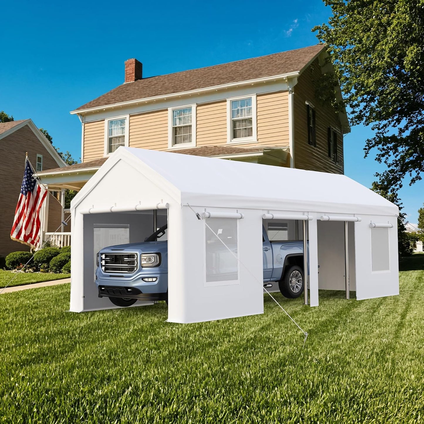 13x25ft Carport, Heavy Duty Carport with Reinforced Steel Poles, Upgraded Portable Garage with Doors & Window, UV Resistant All-Season Waterproof Tarp, for Car, Truck, Boat(White)