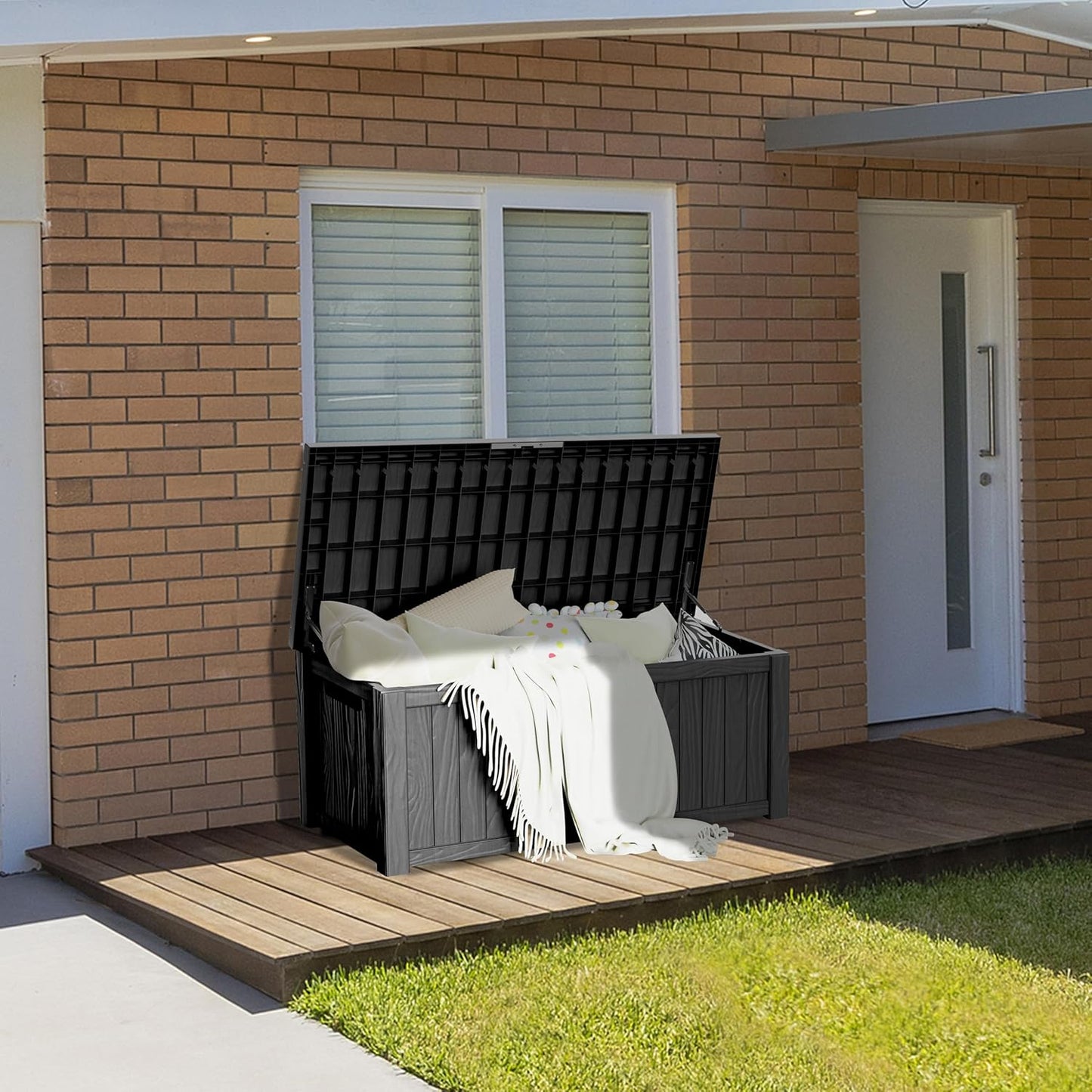 150 Gallon Lockable Resin Deck Box, Waterproof & UV-Resistant Outdoor Storage Box for Outdoor Cushion Storage, Garden Tools & Pool Accessories Storage, Black