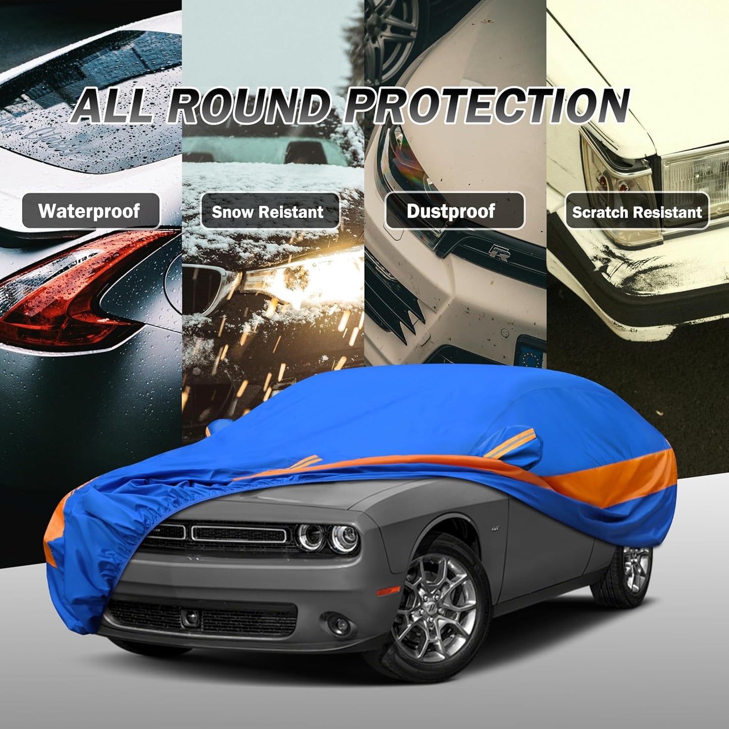 Heavy Duty Outdoor Car Cover Windproof All Weather Waterproof Sun Rain UV Dust Snow Protection Outdoor,Fit Audi e-tron GT,BMW 3/5 Series,Dodge Challenger/Charger etc.Size C5