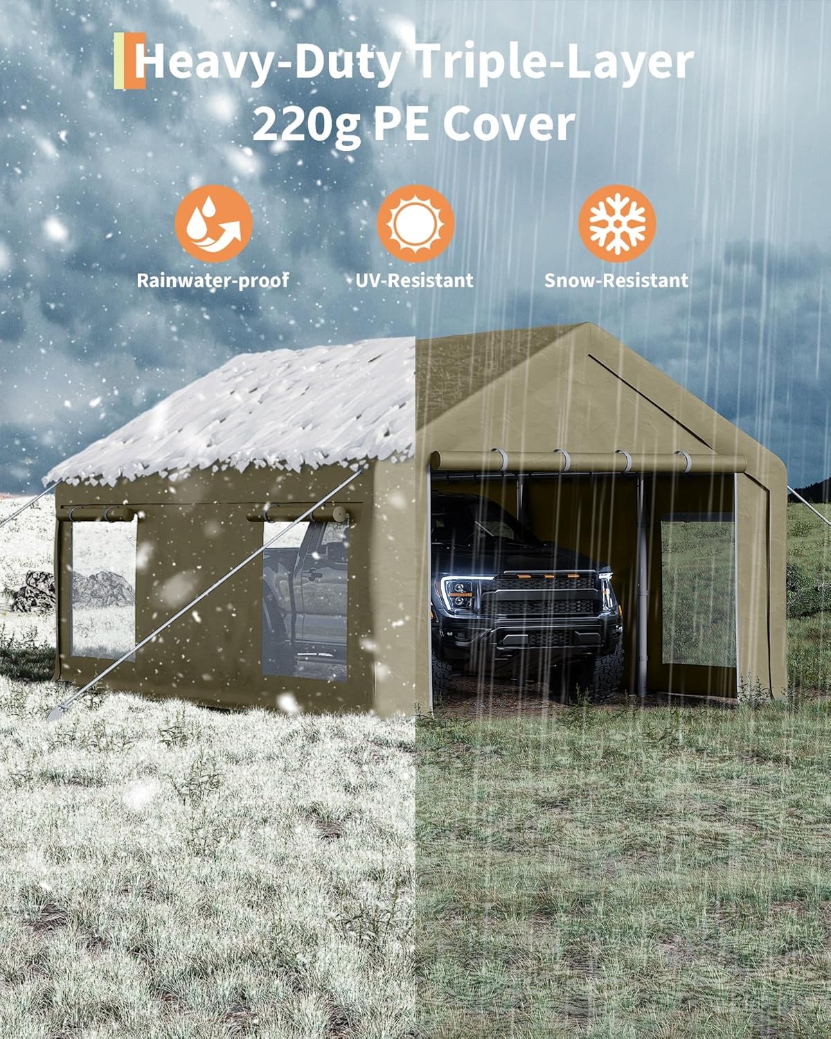 13x20 Ft Carport with 8 Sandbags, Car Port with 220g PE Tarp, 2 Roll-Up Doors, and 4 Windows, for Full-Size Pickups, Bass Boats, Tractors, and SUVs, Khaki