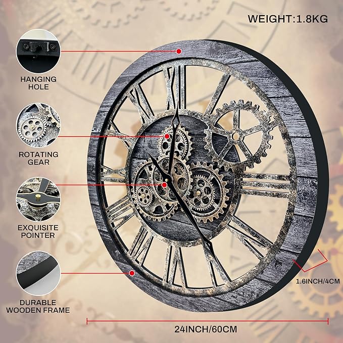 The B-Style Large Wall Clock 24 inch Moving Gear Wall Clock Oversized Vintage - Image 2