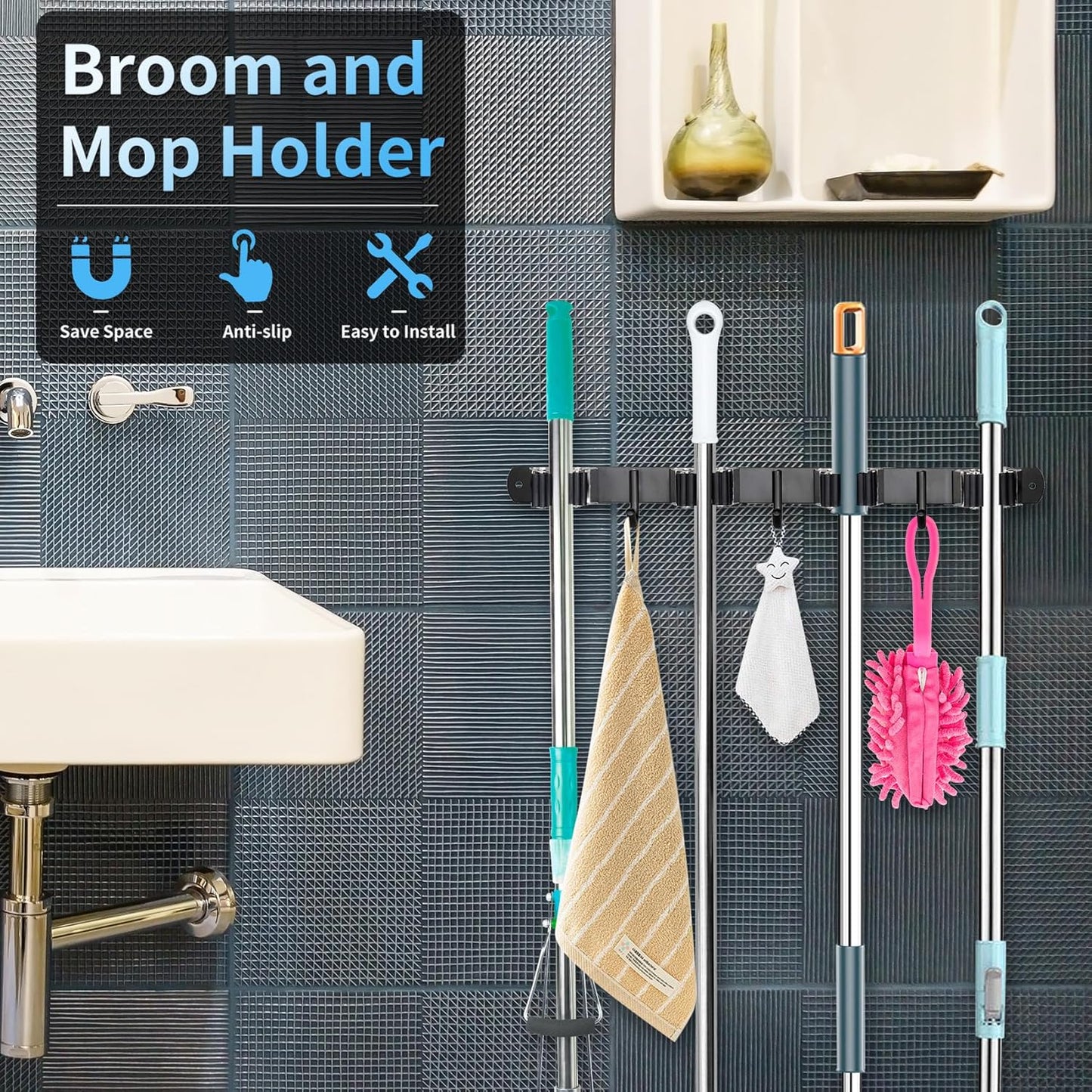 Huryfox Mop and Broom Holder Wall Mounted - Sturdy Stainless Steel Rack with Utility Hooks, 4 Racks, 3 Hooks Adjustable Design and Multiple Storage Organiser Options, Perfect for Kitchen, Laundry
