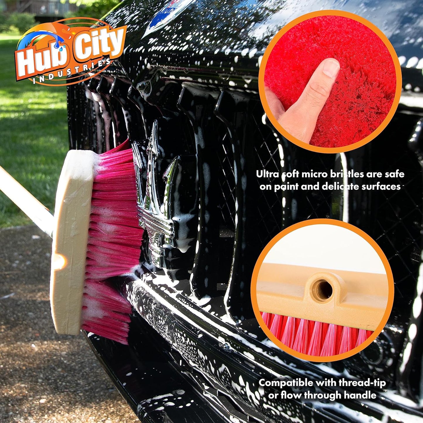 Hub City Industry 10- inch Car Wash Brush, Soft Nylon Bristle, car Accessories, Cleaning Supplies, Automotive wash Brush, Commercial Vehicle Scrub Brush, Flagged Red Poly Bristle